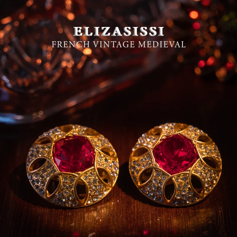 Medieval Luxury Lace Shaped Earrings Set with Red Gemstone Craft Retro Women's Jewelry