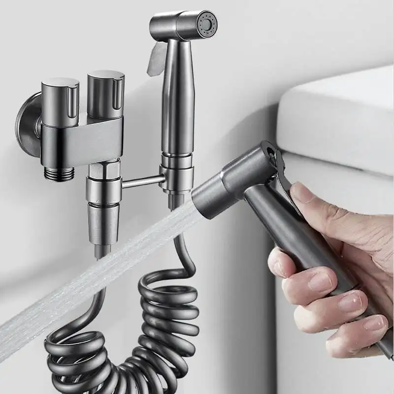 

Bathroom Brass Wall Mount Bidet Set Handheld Chrome Toilet Sprayer with Hot and Cold Water Flush Valves
