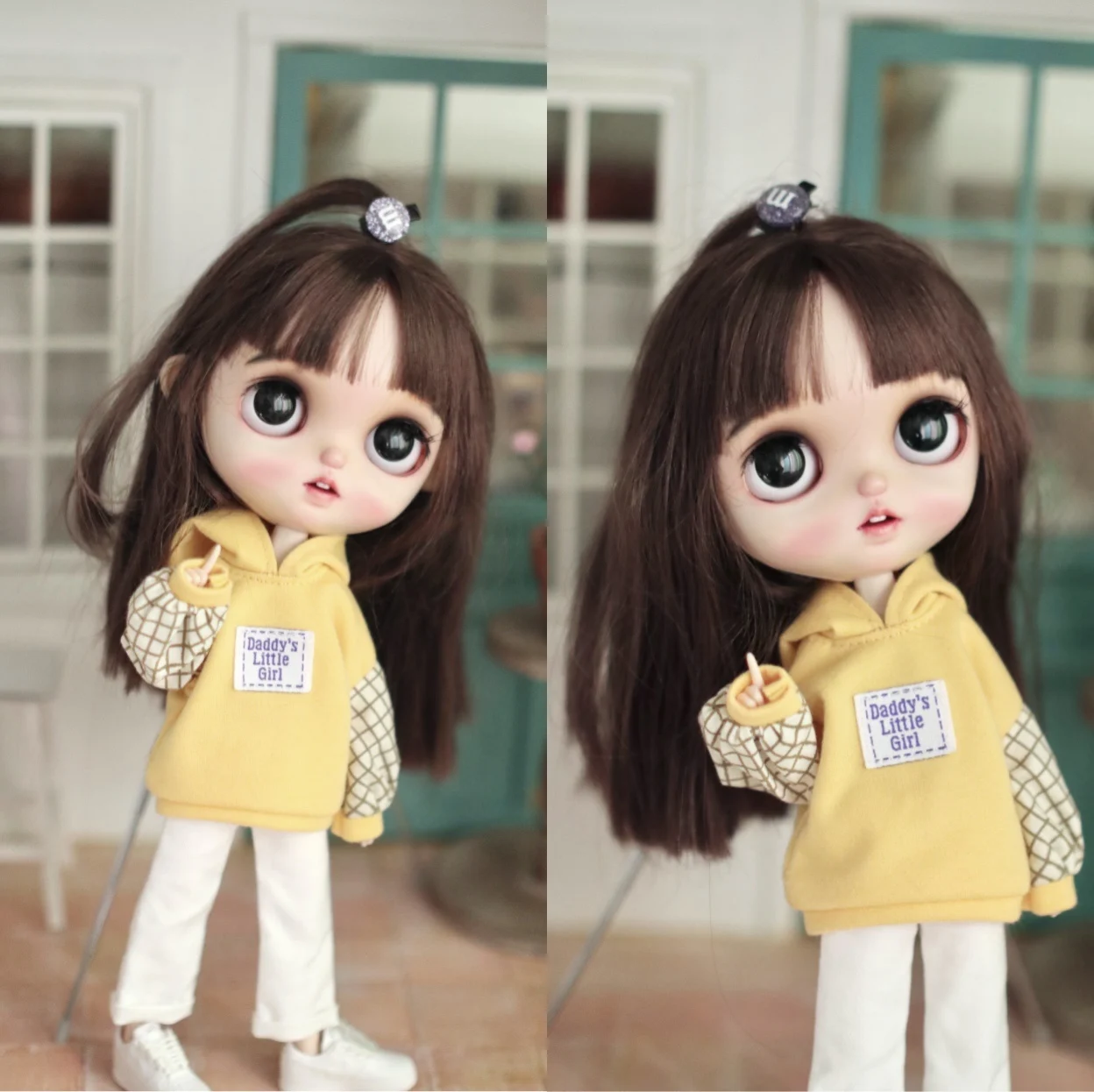 H01-A041 children handmade toy 1/6 ob24 azone blyth doll clothes yellow hooded plaid sweatshirt  1pcs