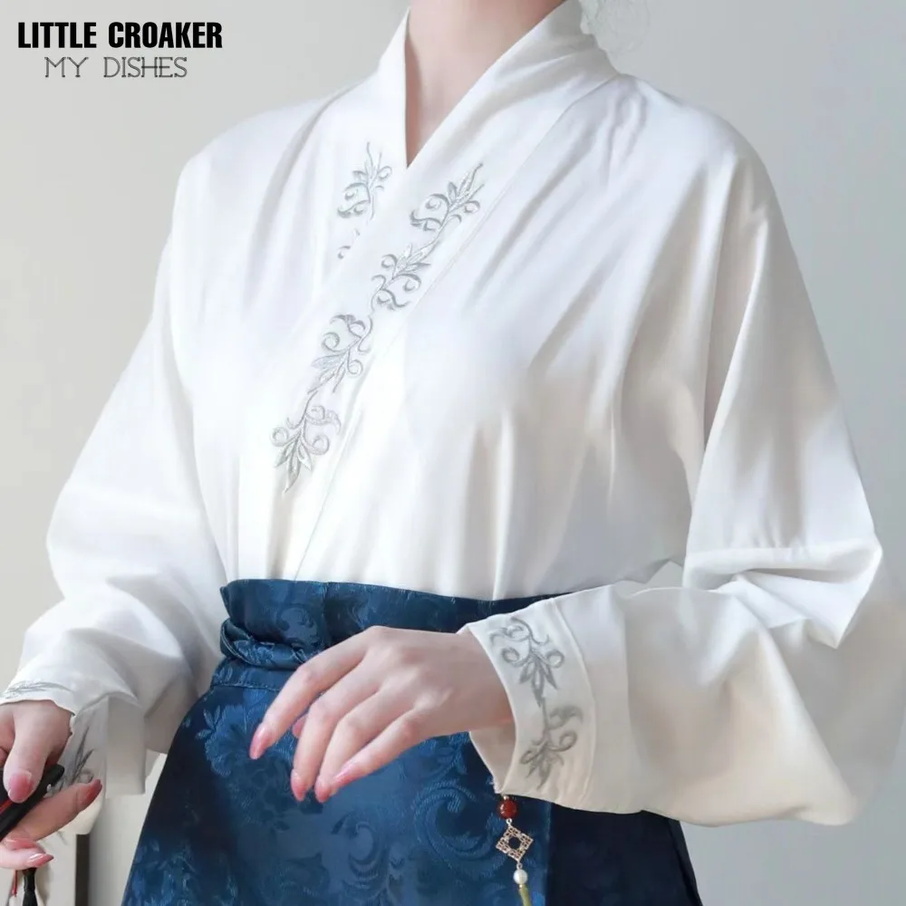 Vintage Women Chinese Traditional Hanfu Cardigan Shirt + Blue Pleated MaMian Skirt Chinese Hot Hanfu Shirt Horse Face Skirt Set