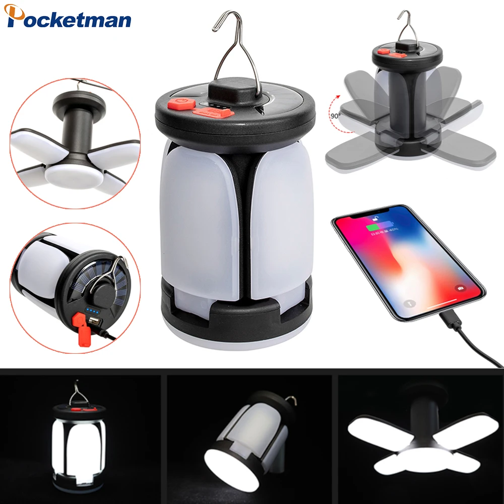 

High Power Solar LED Camping Lantern Rechargeable 4500mAh 1000LM Emergency Power Bank Foldable 6 Light Modes for Camping Fishing