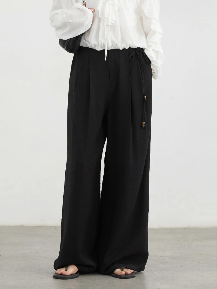 CHIC VEN Women Pants Fashion Loose Wide Leg Lace Up Pleated Casual Linen Trousers Female Clothing Spring Autumn New 2025