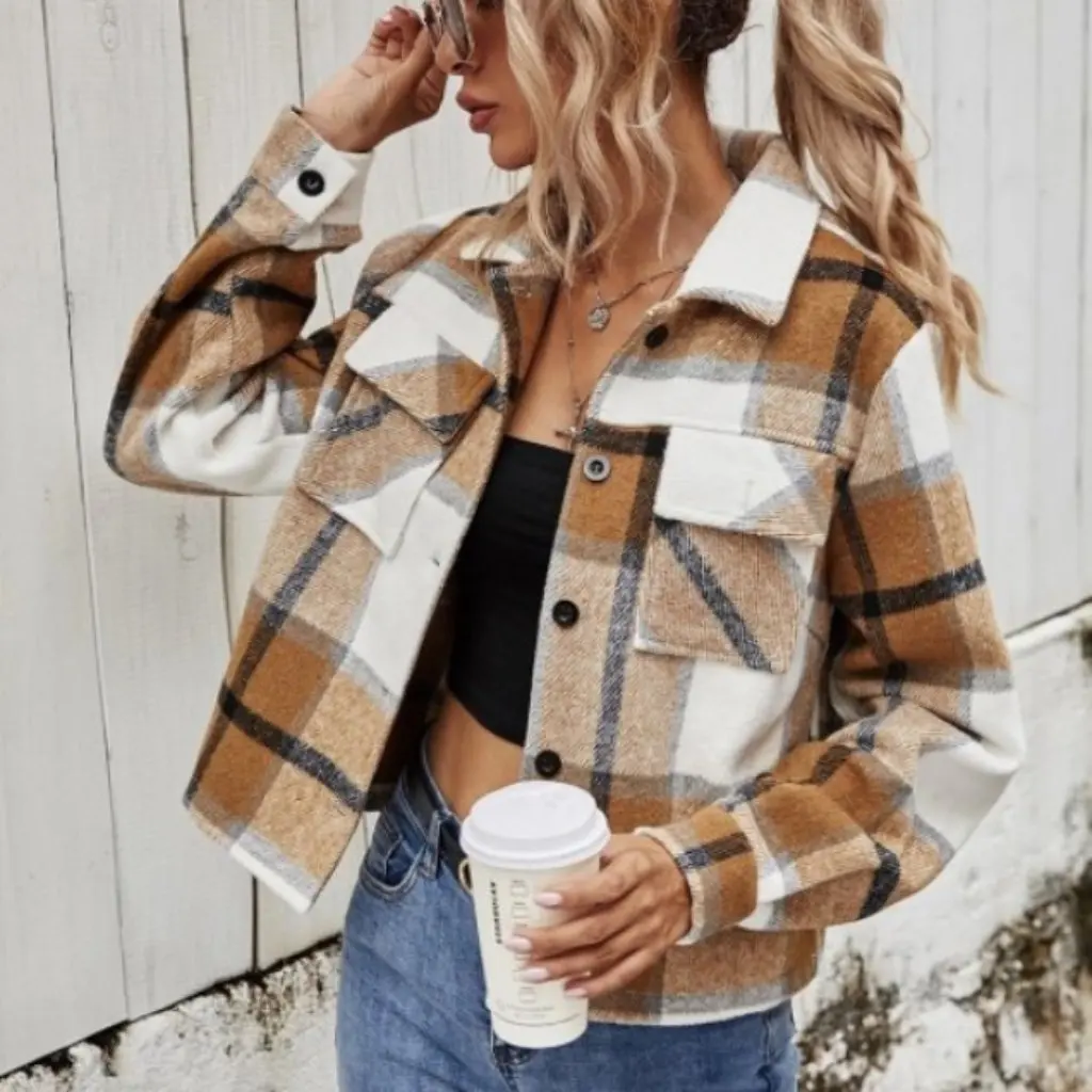

Women's Long Sleeve Jacket Winter Fashion Lapel Single-Breasted Contrast Checked Coat European And American Style by