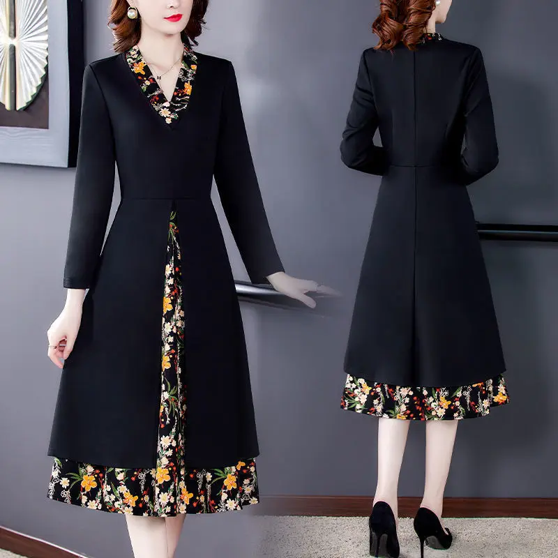 Western Style Floral Dress Autumn Winter New Women's Elegant V-Neck Long Sleeve Spliced Slimming Fake Two Mid Mid Length Skirt