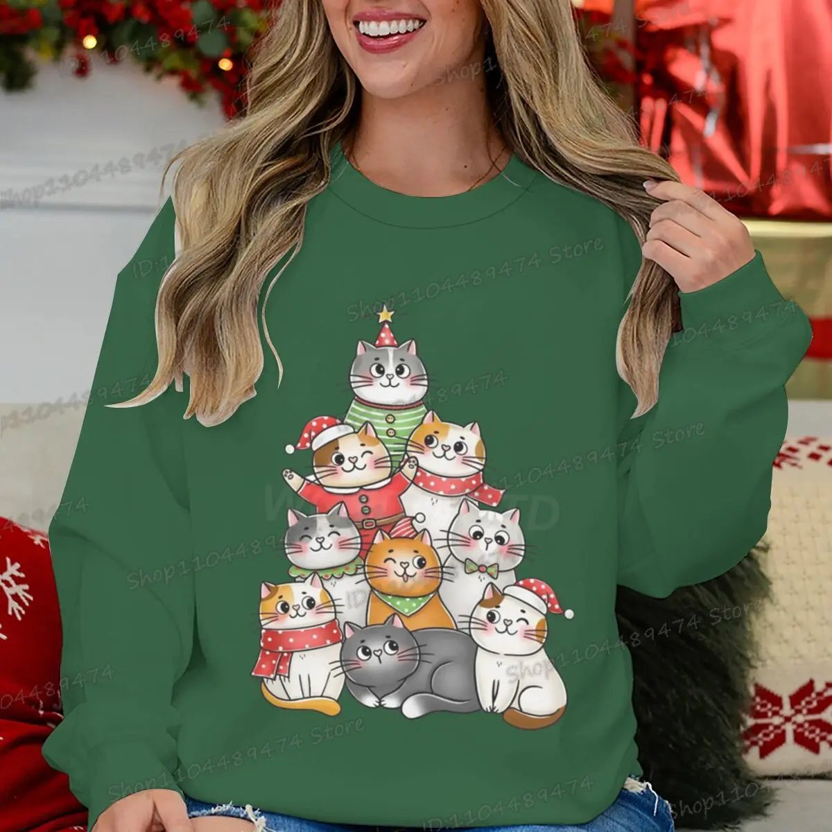 الكرتون شجرة عيد الميلاد القطط البلوز الرجال النساء طاقم الرقبة الحيوان طباعة البلوز الخريف الشتاء عارضة أزياء عيد الميلاد الملابس هدية