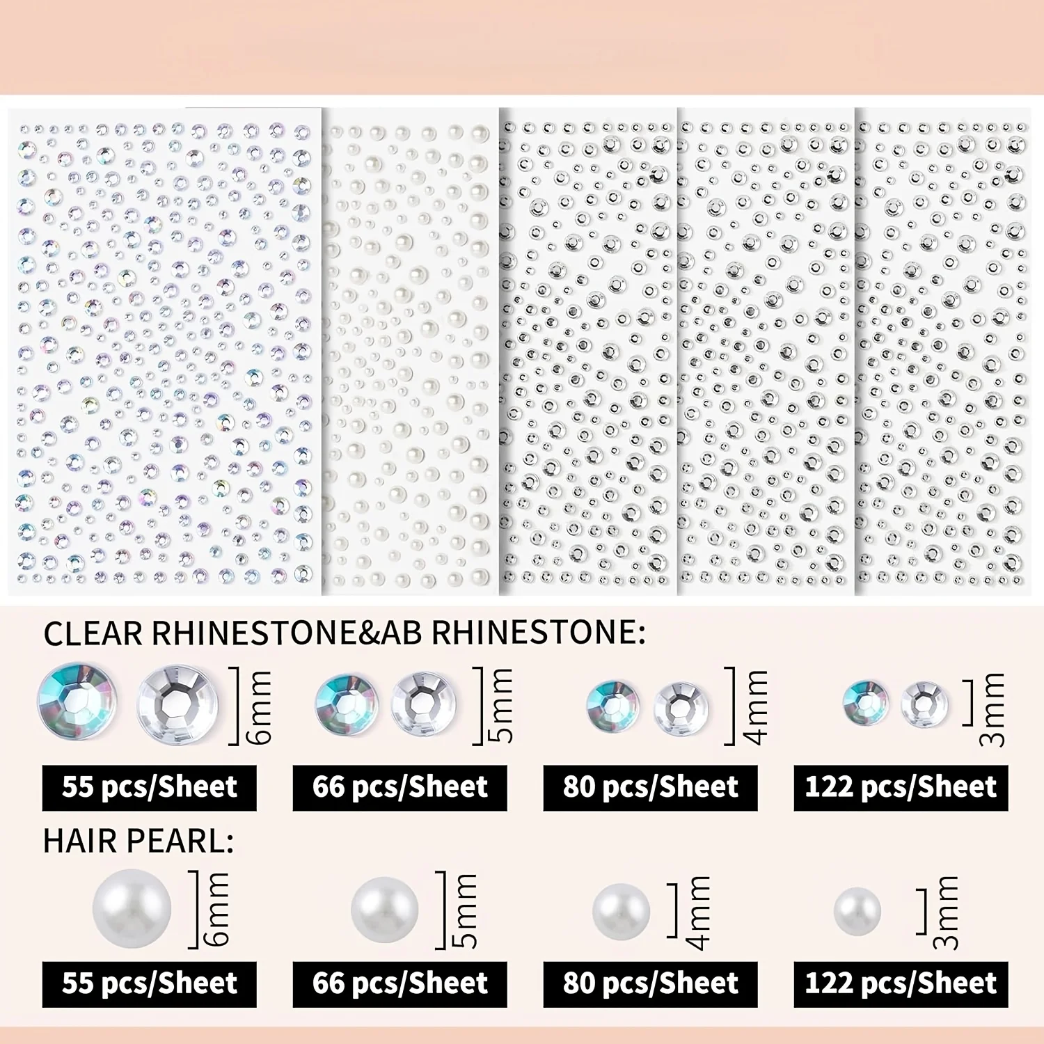 5 Sheets Self-Adhesive Facial Rhinestones And Makeup Pearls Suitable for Face Eyes Hair Body Nails And Home Decor
