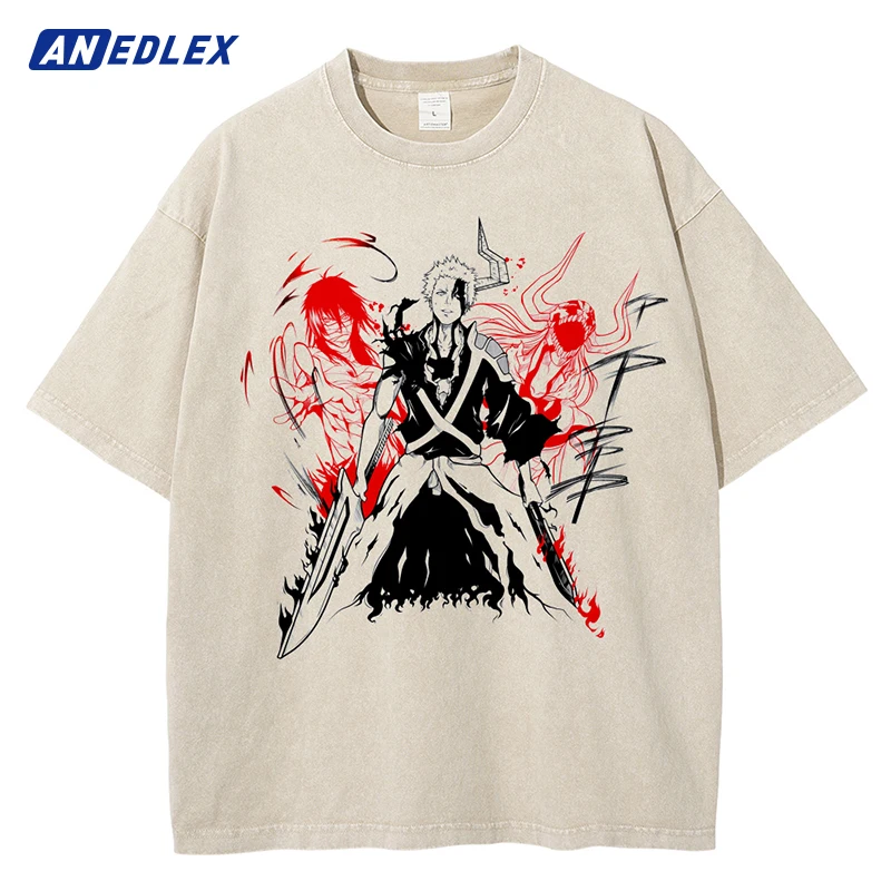 Men Apricot Washed T Shirt Hip Hop Streetwear Anime Graphic Print T-Shirt Harajuku Tshirt Summer Short Sleeve Cotton Loose Tees