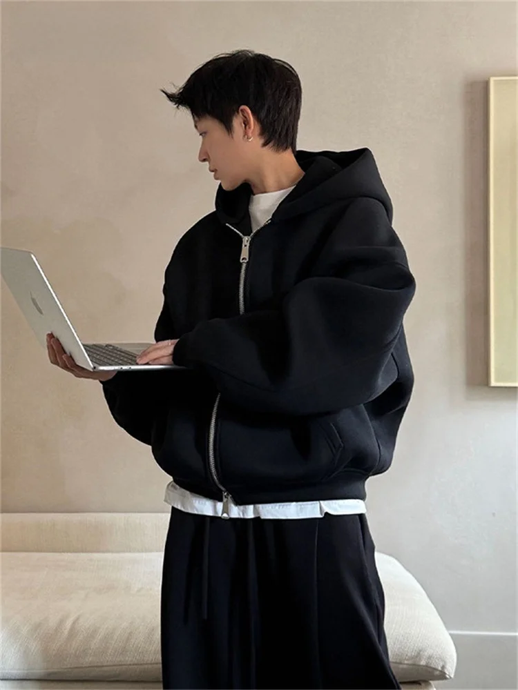 Jaqueta Cardigã Masculina Estilo Coreano, Caimento Solto e Descontraído, com Capuz Curto, Zíper Duplo, Aberta, para Outono In...