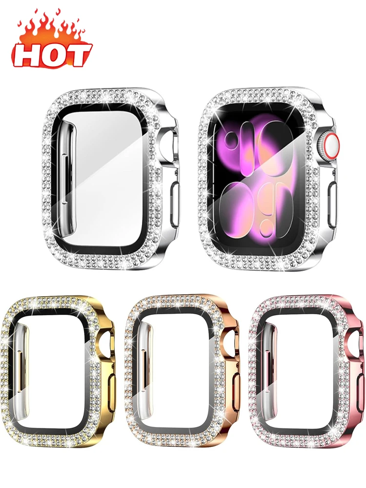 Screen Protector For Apple watch Case 10 11 42mm 46mm 38/40/41/44/45mm Diamond Bumper Tempered Glass Series 9 7 SE 6 8 5 Cover