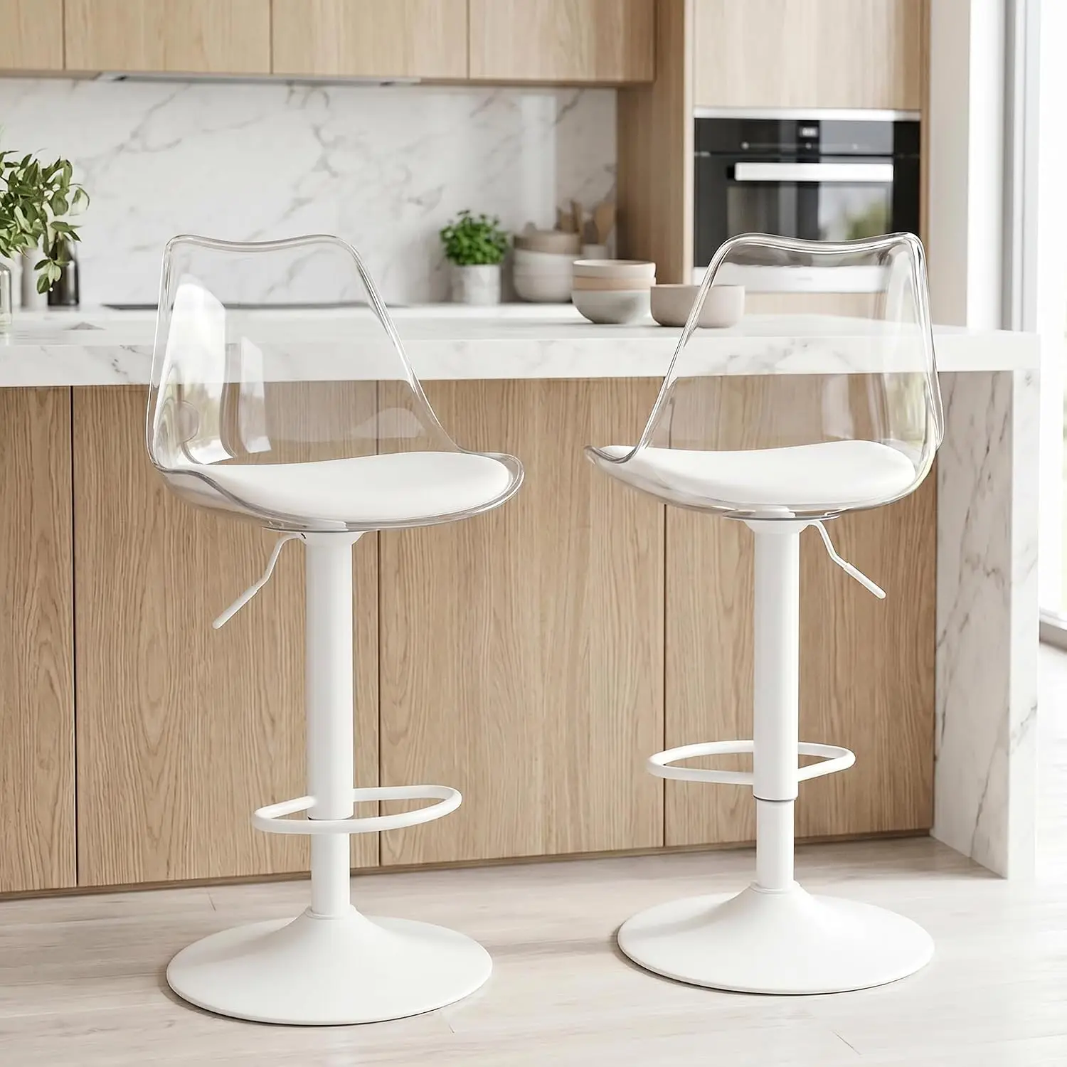 Clear Acrylic Bar Stools Set of 2, Adjustable Swivel Counter Height Chairs with Back and Faux Leather Cushion for Kitchen Island