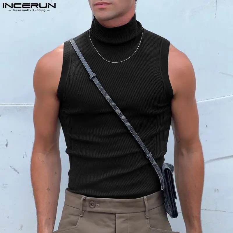 INCERUN 2024 Men Tank Tops Solid Color Turtleneck Sleeveless Knitted Casual Vests Men Streetwear Fitness Fashion Men Clothing