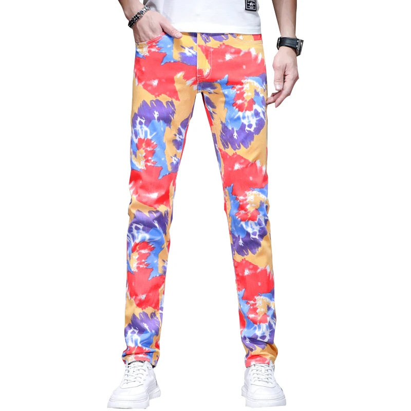 Colorful printed jeans men's fashion party trendy unique slim stretch casual handsome trousers2024new