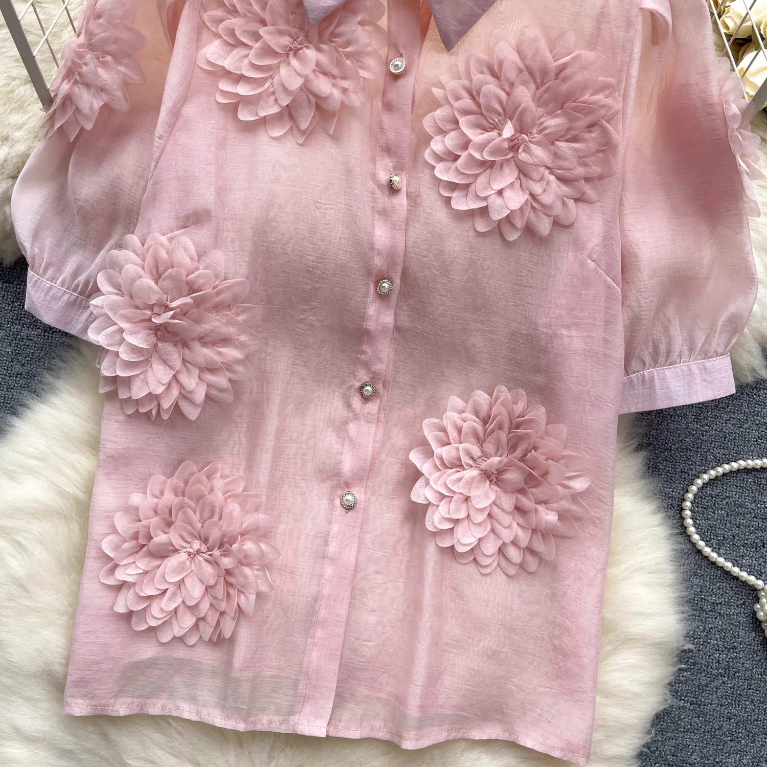 Chic Elegant Three-dimensional Floral Puff short Sleeve Loose Top Vintage Korean Fairy Crop Top summer Women Clothing