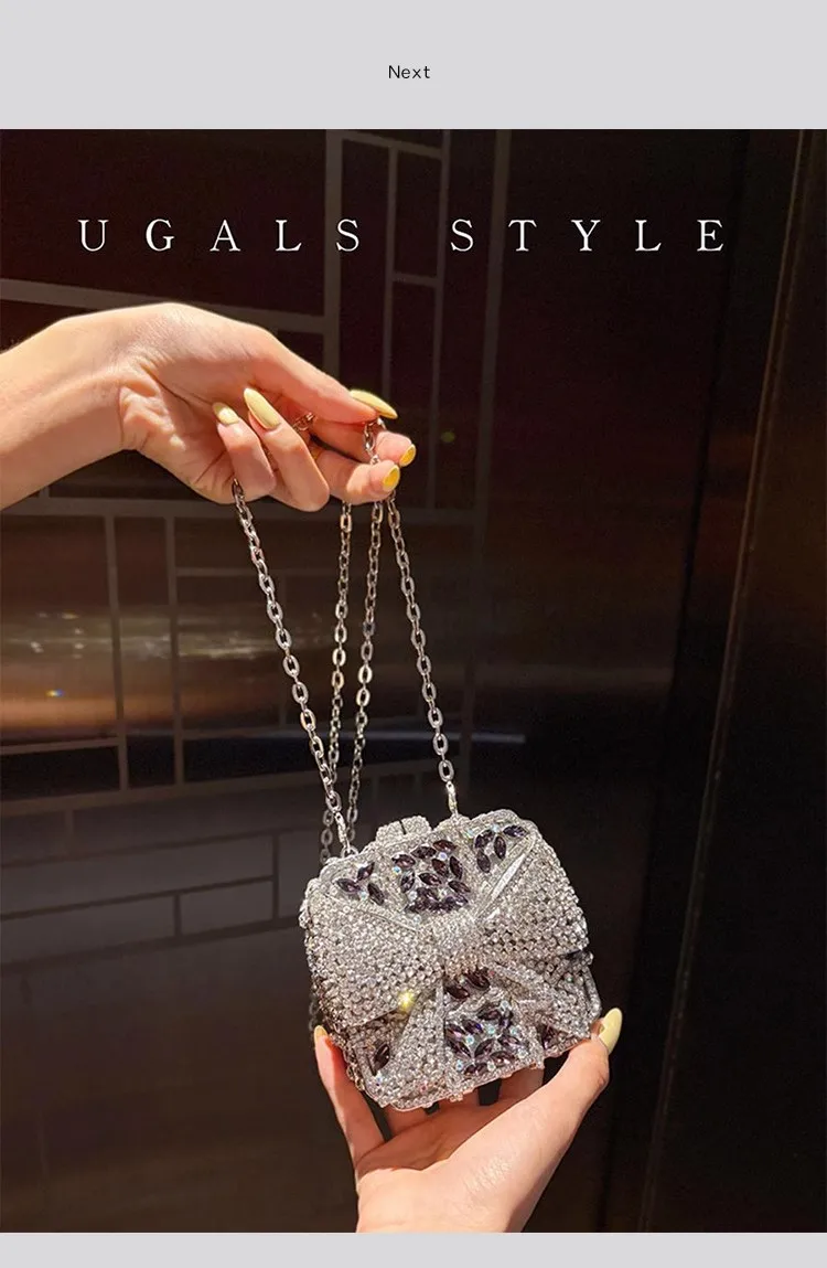 Luxury Crystal Rhinestones Diamond Evening Bag Glitter Bow Knot Mini Clutch Purse Women Handbag Fashion Banquet Bag Shoulder Bag