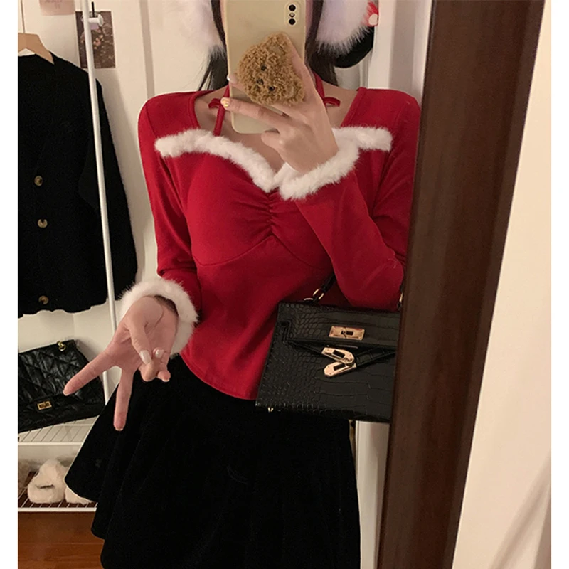 

MEXZT Y2K футболки с красным бантом, женские рождественские укороченные топы из искусственного меха в стиле пэчворк, уличная мода, сексуальные футболки с лямкой на шее с длинными рукавами Gyaru