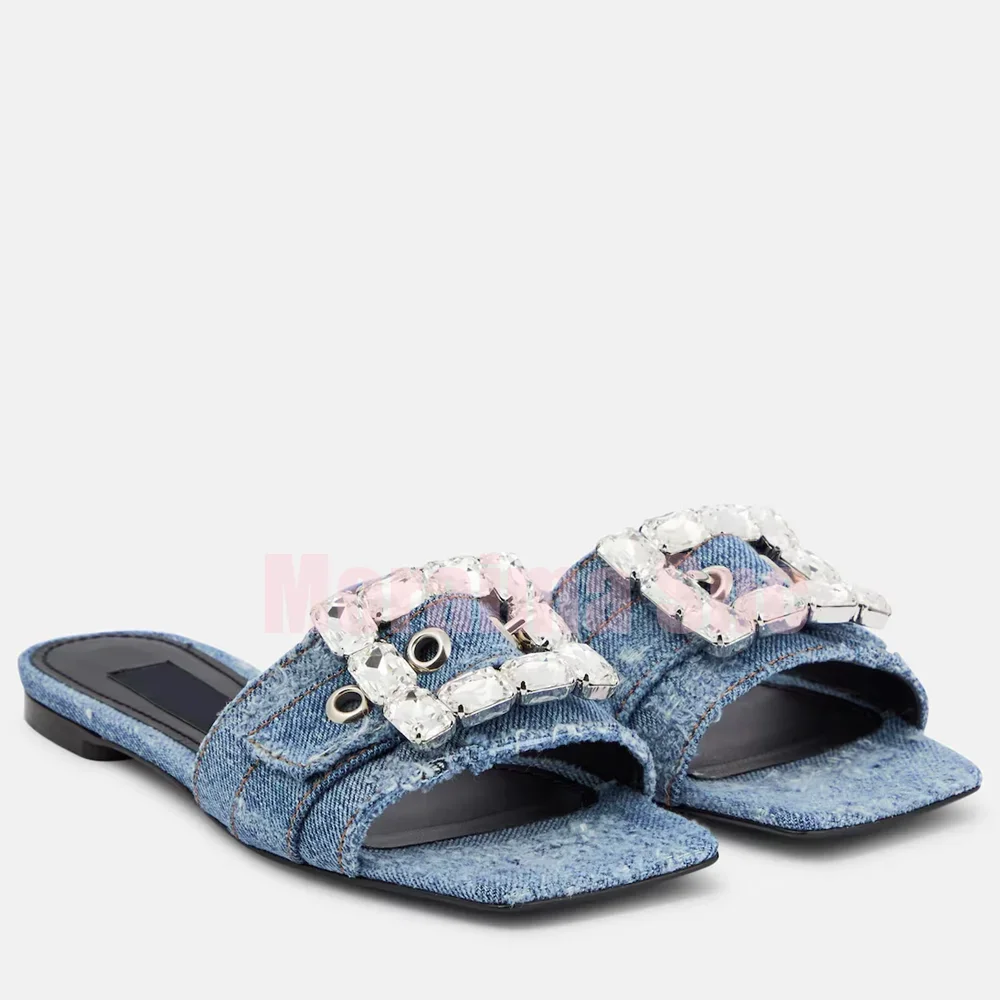 Crystal Embellished Denim Slippers Square Toe Flat With Fashion Women's Summer Shoes Slipper Outdoor Slip On 2026 New Arrivals view 6