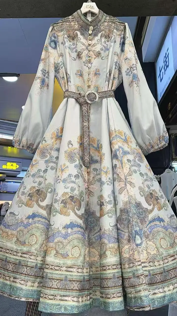 

2025 Spring/Summer New Stand up Collar Single breasted Printed Waist Collection Dress Vintage Skirt with Belt