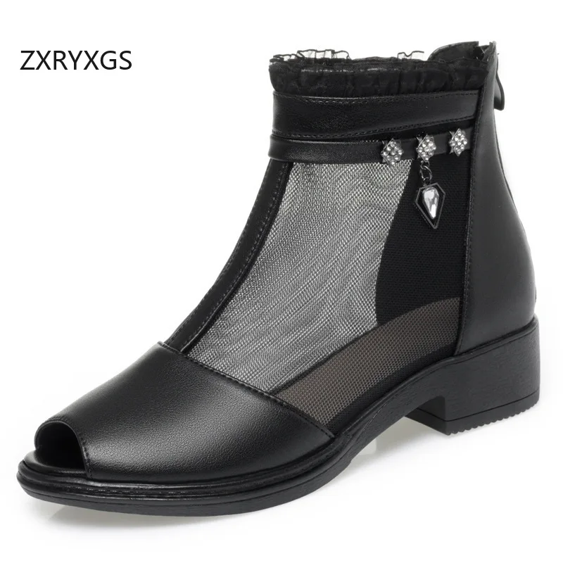 

ZXRYXGS 2025 New Summer Real Leather Mesh Boots Elegant Fashionable Sandals Rhinestone Thick Mid Heel Sandals Women Large Size