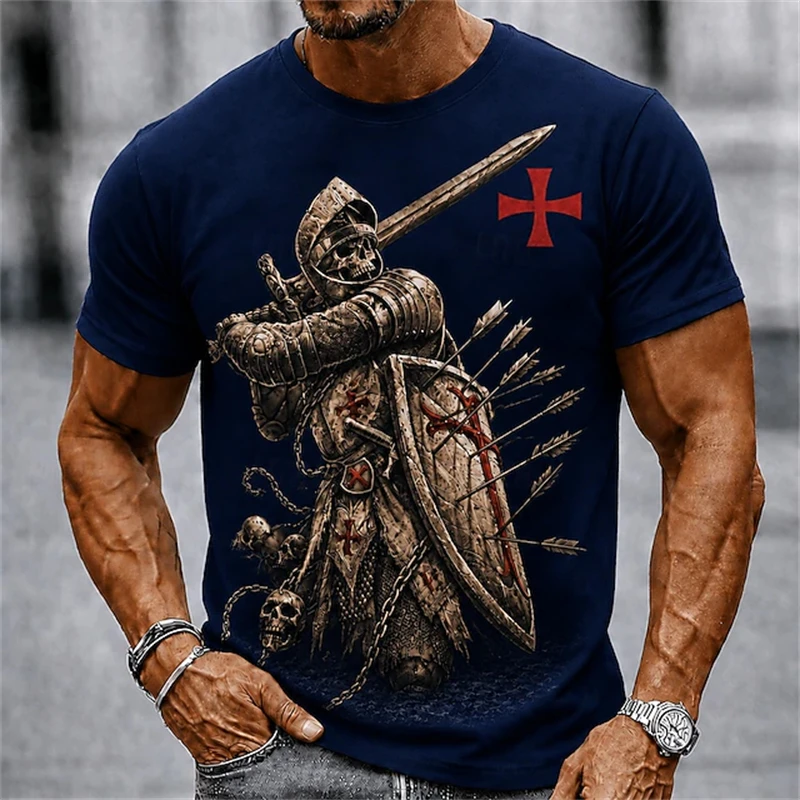 Men's Knights Templar Crusader Print T-Shirt Retro Crew Neck Religious Style Perfect for Everyday Streetwear and Festive Outfits