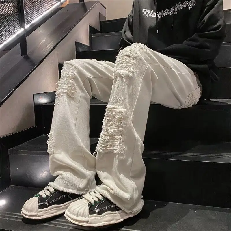 

2025 Spring/Autumn New Men Trendy Brand Japanese High Waist Button Harajuku Zipper Water Washed Punched Lazy Cowboy Pants
