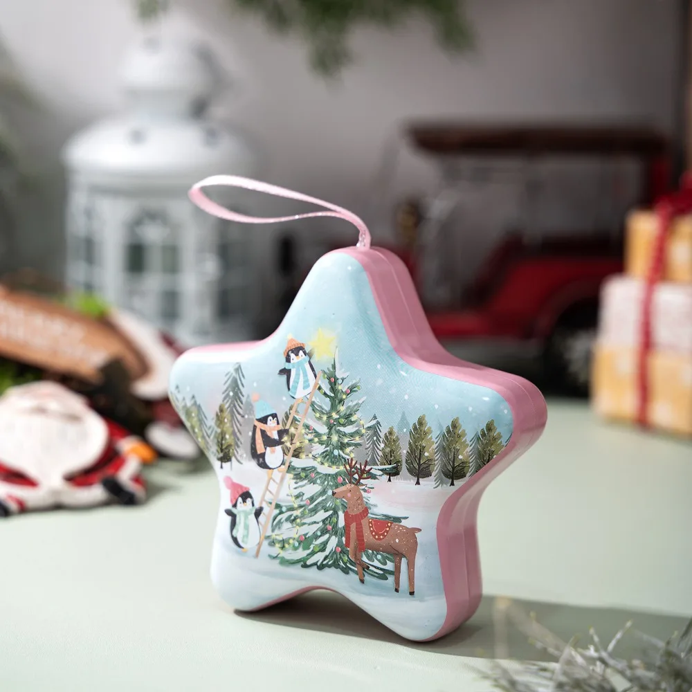 

Multi-Functional Christmas Tin Box with Rope Cartoon Design Christmas Gift Box Sweet Tinplate Material Star Shaped Box