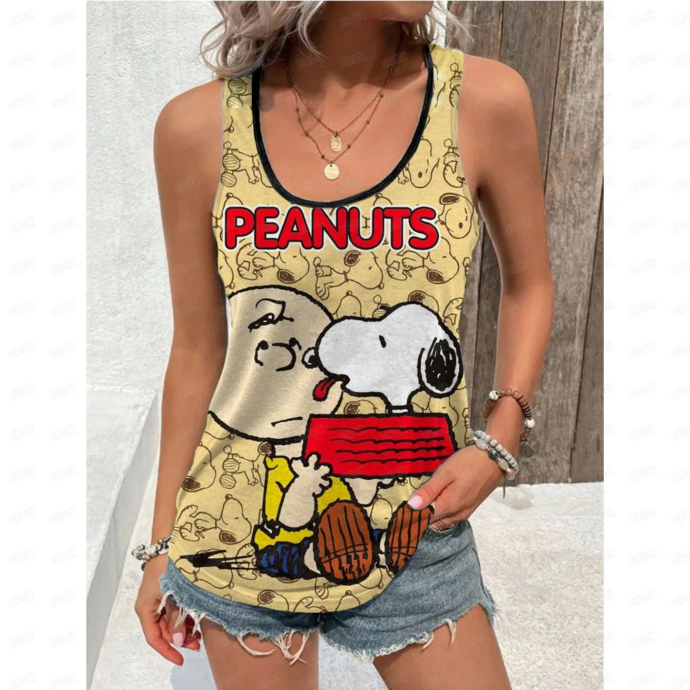 Blusa feminina preta camisas e blusas dos desenhos animados snoopy impressão sem mangas topos solto decote em v pulôveres verão jovem mulher roupas