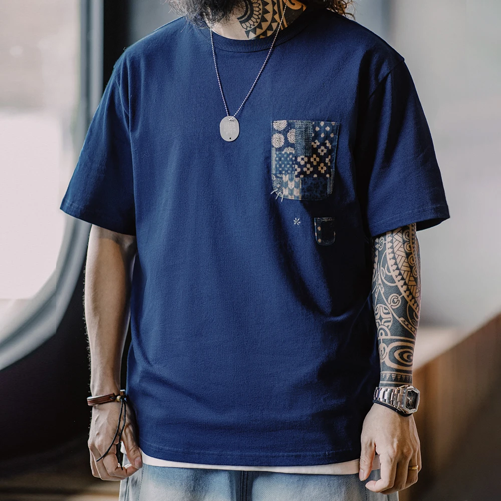 Maden Retro Plant Blue-dyed Short-Sleeve Tee Ancient Cloth Splicing Pocket T-shirt Cotton Round Neck Tops for Men's Summer Tee