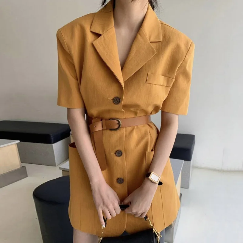 Women's Summer New Short Sleeved Single Breasted Retro Suit Dress With Belt