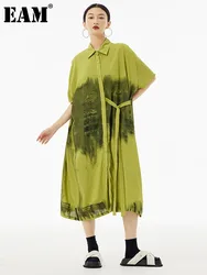 [EAM] Women Green Pattern Printed Belted Big Size Shirt Dress New Lapel Short Sleeve Fashion Tide Spring Summer 2024  1DH5759