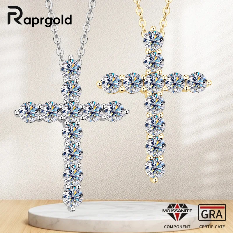 

RAPRGOLD GRA Certified Full Moissanite Cross Pendant Necklaces for Women S925 Sterling Silver Clavicle Chains Fine Jewelry Gifts