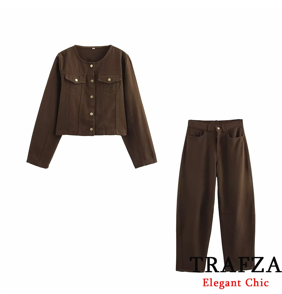 

TRAFZA Women Retro Jacket Set Denim Jacket+ Brown High-Waist Trousers Set New 2025 Spring/Summer Vintage Casual Jacket Set