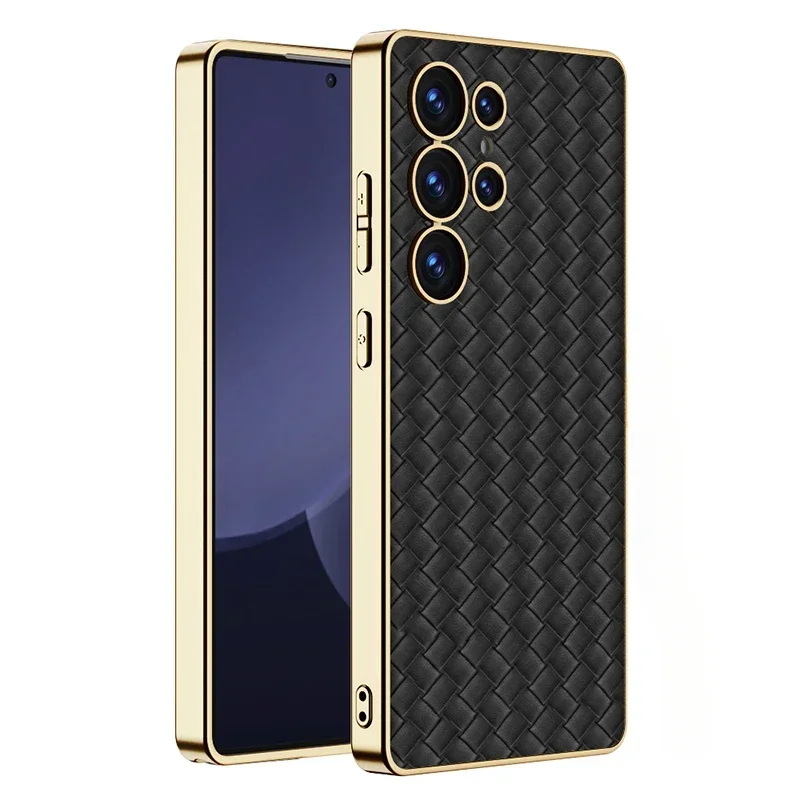 Electroplated Skin Woven Pattern Leather Phone Case for Samsung Galaxy S25 S24 Plus S23 Ultra Shockproof Case