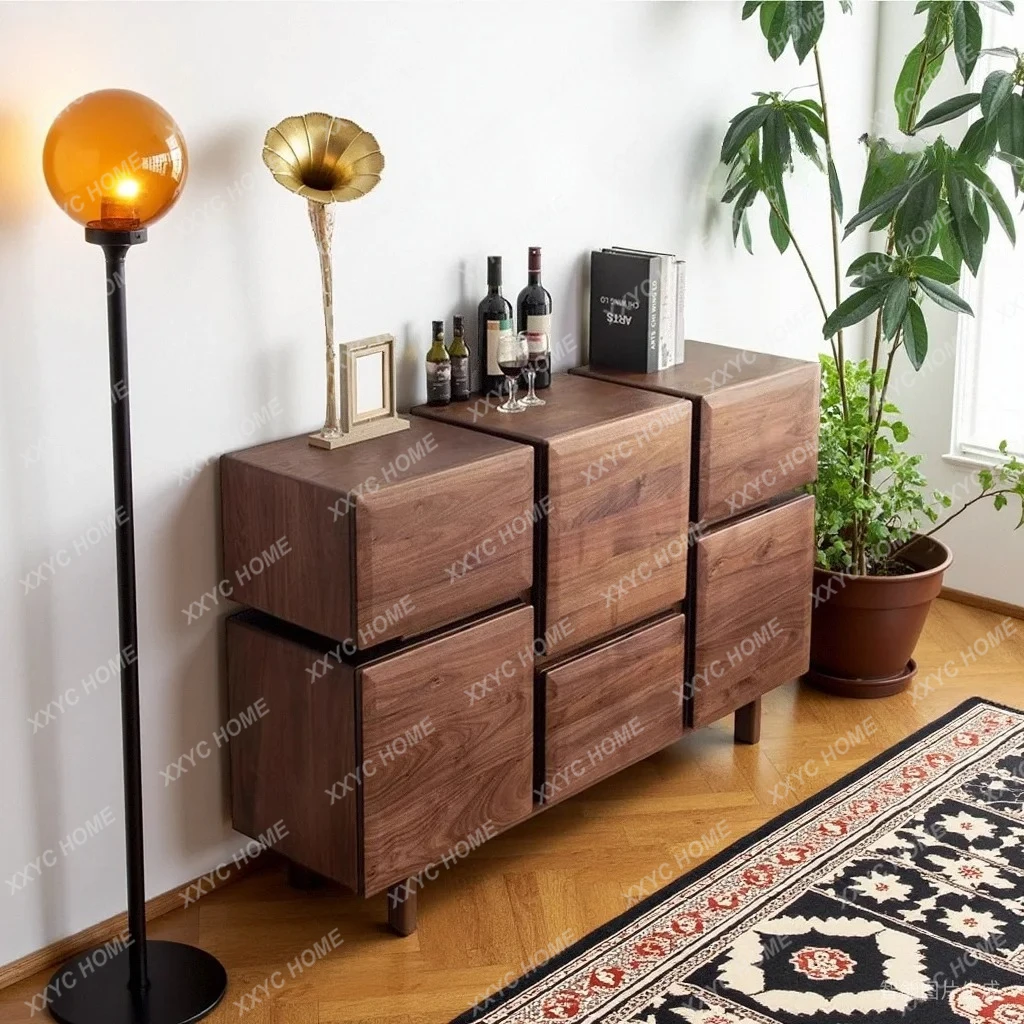 L storage cabinet, modern light luxury  Solid wood dining side cabinet, North black walnut six-pump storage