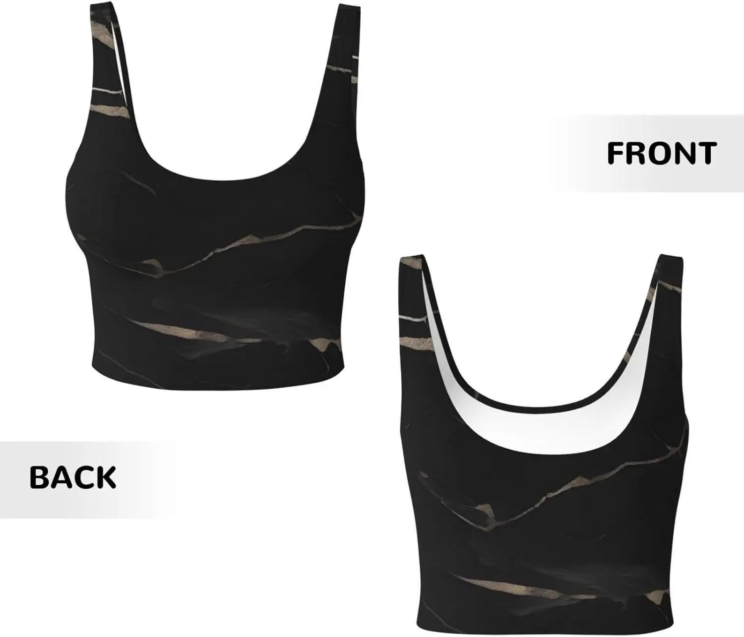여성용 로우 칼라 스포츠 브라 신축성있는 스포츠 조끼 요가 탱크 탑 탑 셔츠 검정색 질감 대리석 패턴