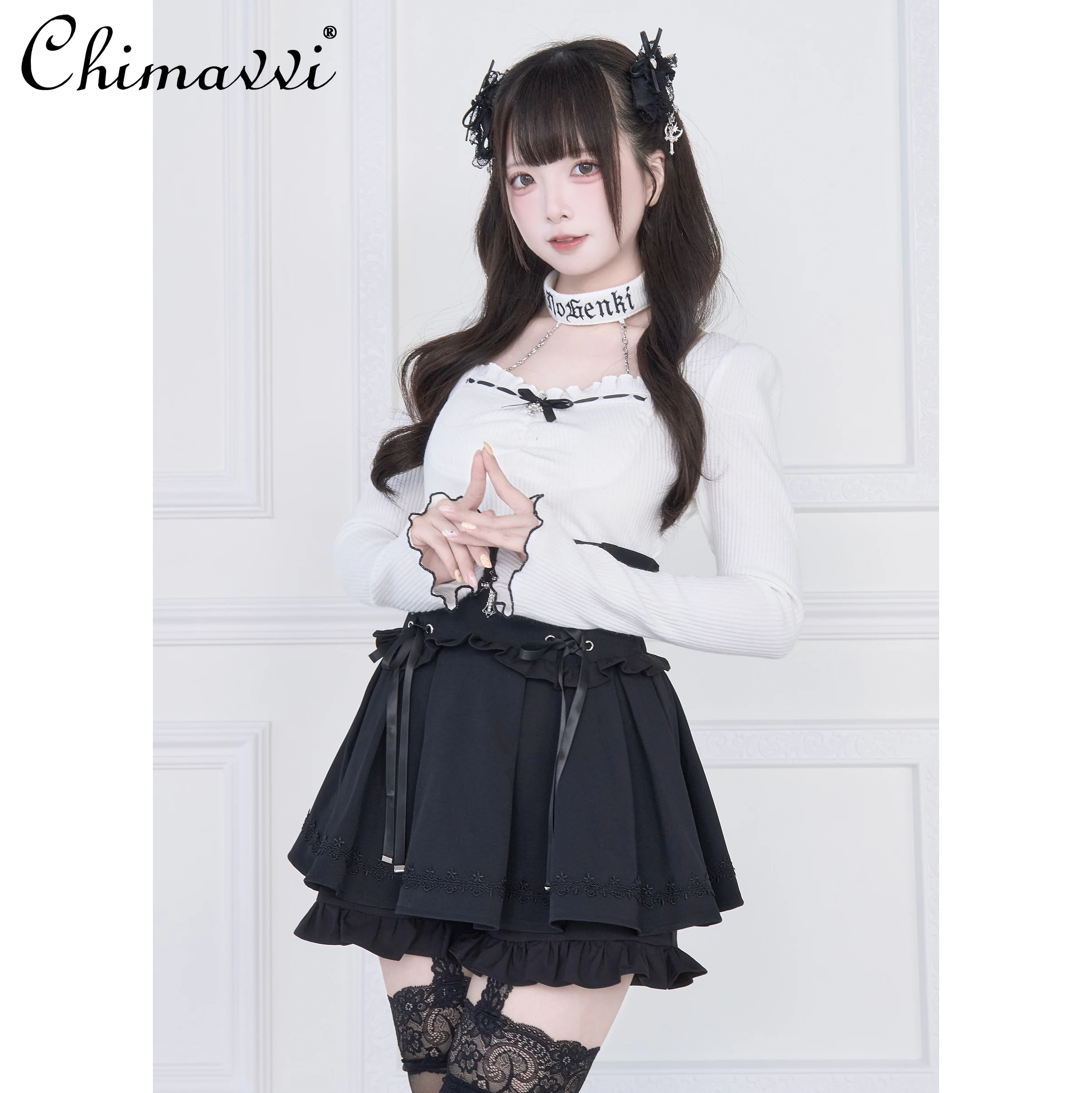 Оригинальный японский комплект Mine Series Subculture с кружевным воротником, облегающий топ с длинными рукавами и юбкой с высокой талией, комплект Subculture Lolita, комплект из 2 предметов