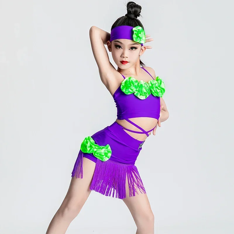 Vêtements de danse latine violets pour filles, haut de danse latine, jupes à glands, costume de performance, vêtements d'entraînement, mode, SL8103