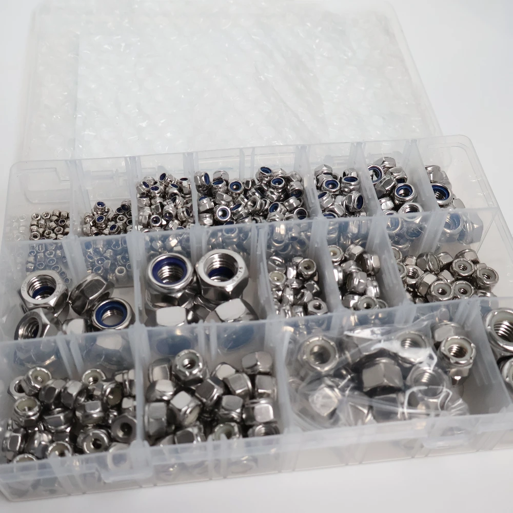 750Pcs Nylon Insert Lock Nut Assortment Kit 304 Stainless Steel Metric SAE Locknuts M2-M12 #6-32 to 1/2-13 with Storage Box