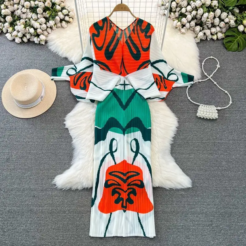 

New Women'S Light Luxury Pleated Batwing Sleeve V-Neck Waist Slimming Printed Hip-Hugging Dress Mid-Long Style One-Piece Dresses