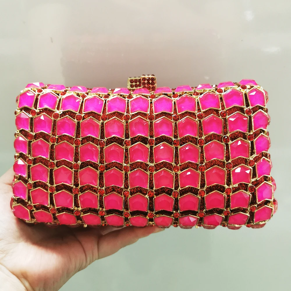 Fuchsia/Rose Gold Glass Women Diamond Bag Luxury Rhinestone Wedding Purse Bridal Crystal Clutches Fashion New Evening Clutch Cas