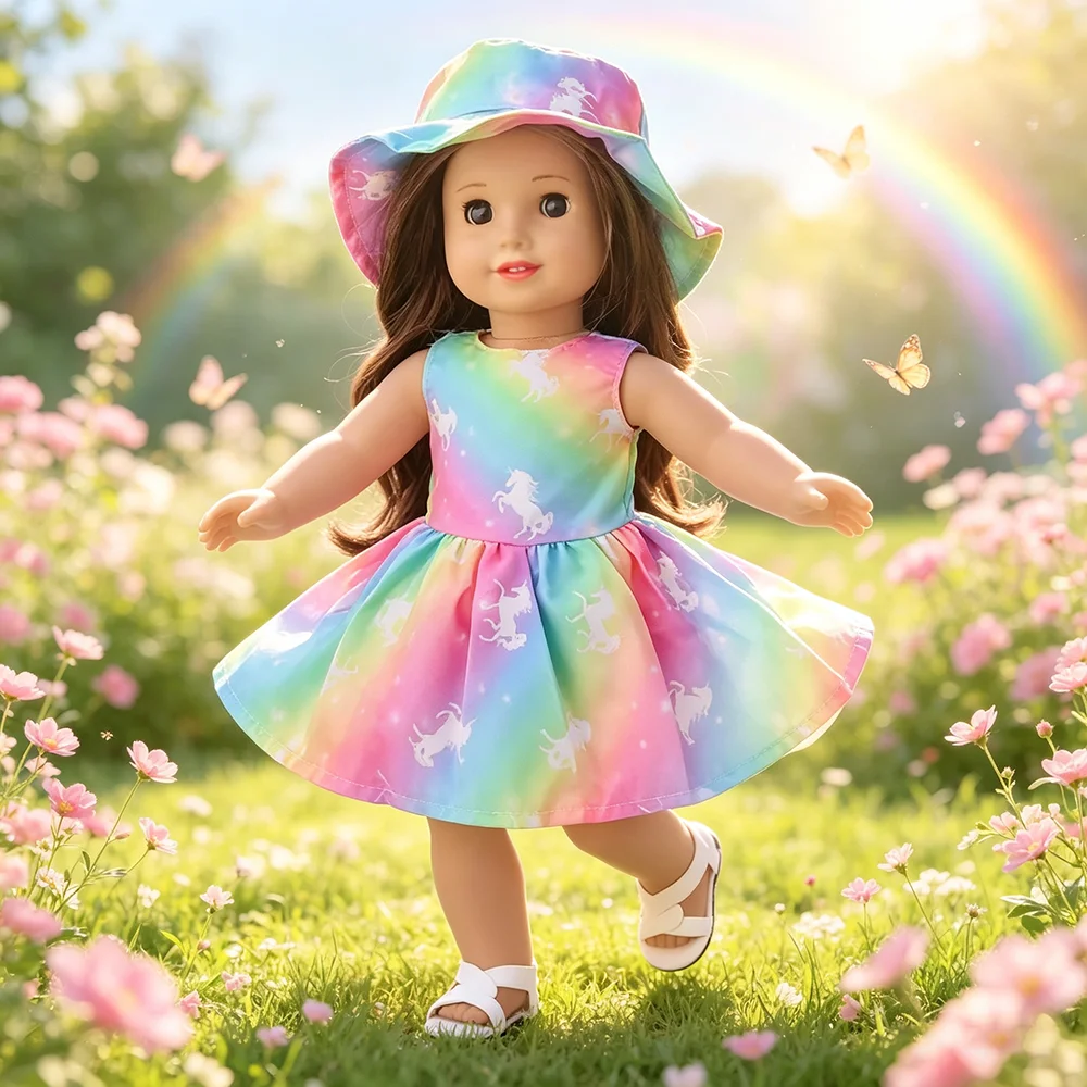 Cute Rainbow Unicorns Print Doll Dress Ours & Generation American 18 Inch Girl Doll 43 Cm Baby Dolls Clothing Accessories Skirt