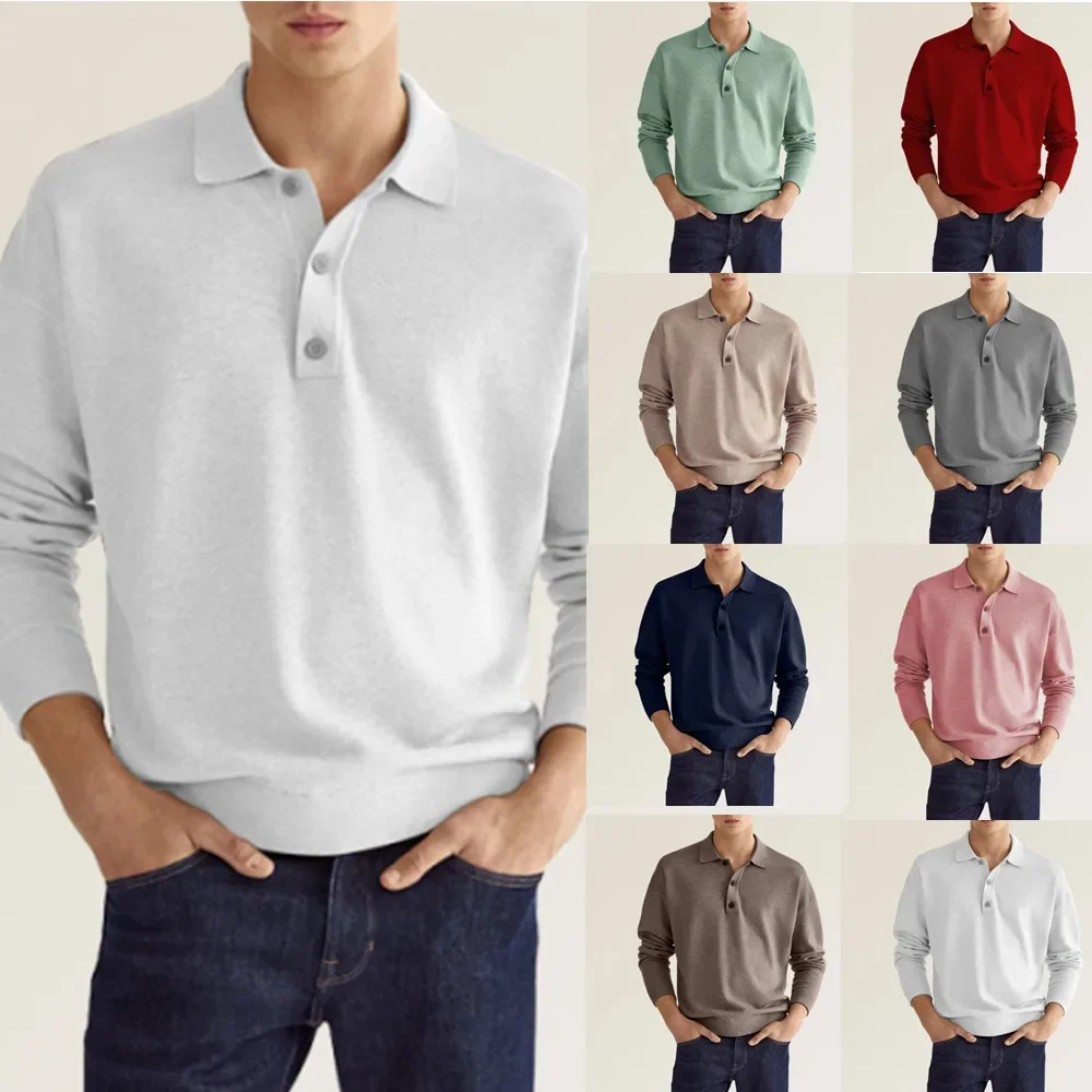 Herren-Poloshirt mit Reverskragen und Knopfleiste, Langarm, Strick, locker sitzend, einfarbig, lässig, für den Alltag, Pendler-Pullover – Detail 2