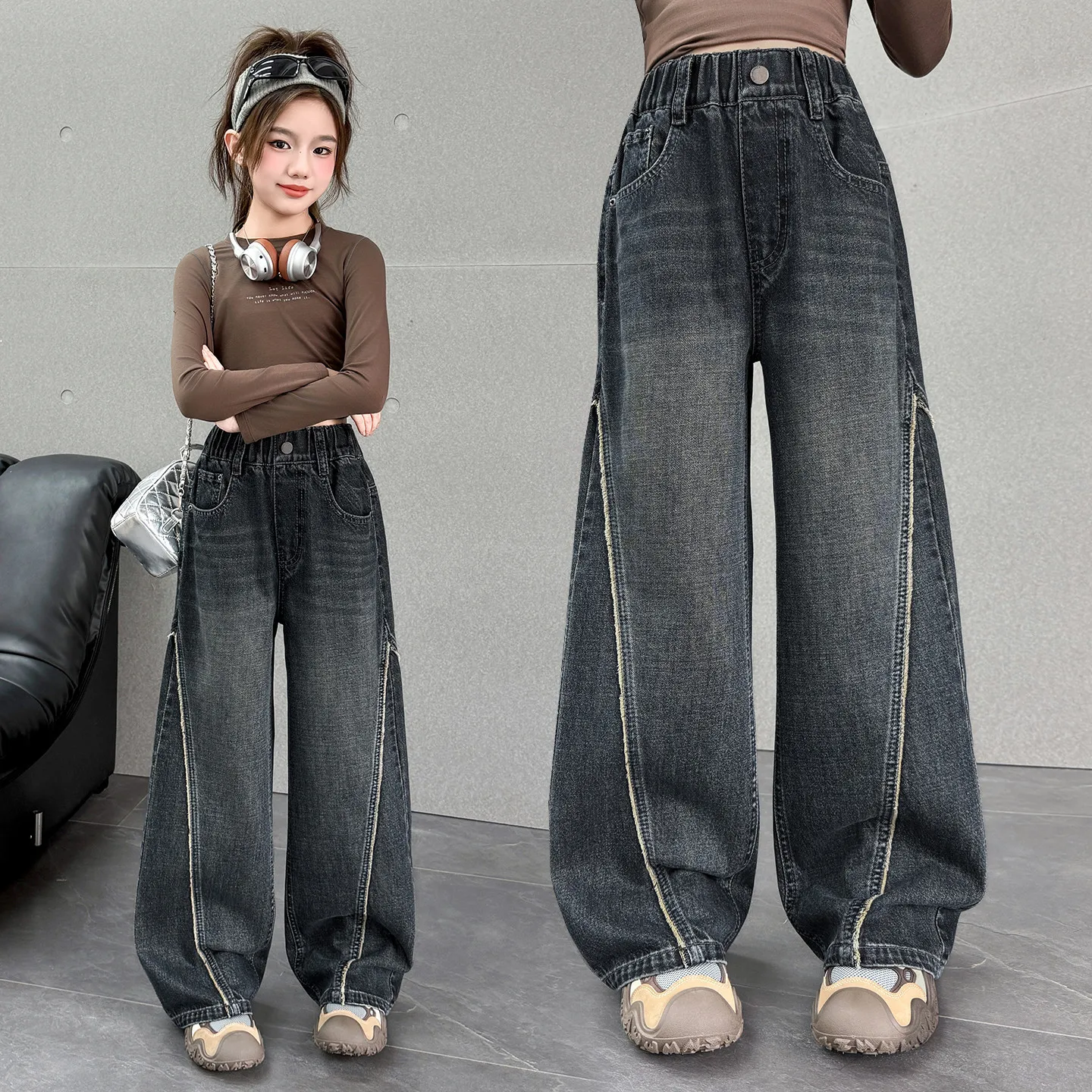 

Teenage Girls Jeans High Waisted Autumn Children's Loose Korean Patchwork Wide-leg Pants Kids Spring Casual Style Denim Trousers