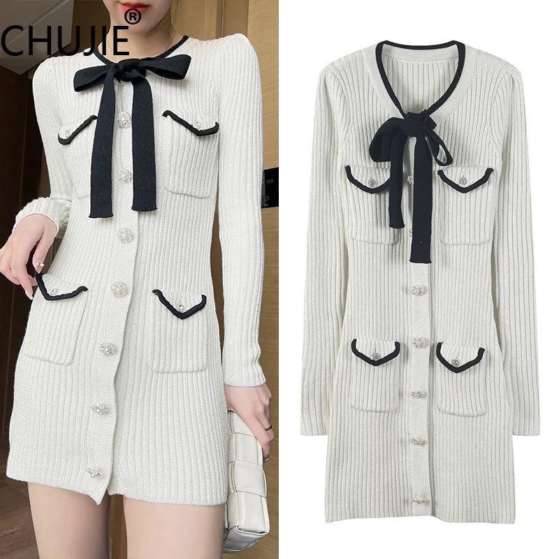 

CHUJIE Bow & Bead French Wrap Dress Round Neck Long Sleeve Slim Fit Bodycon Evening Dress SS25