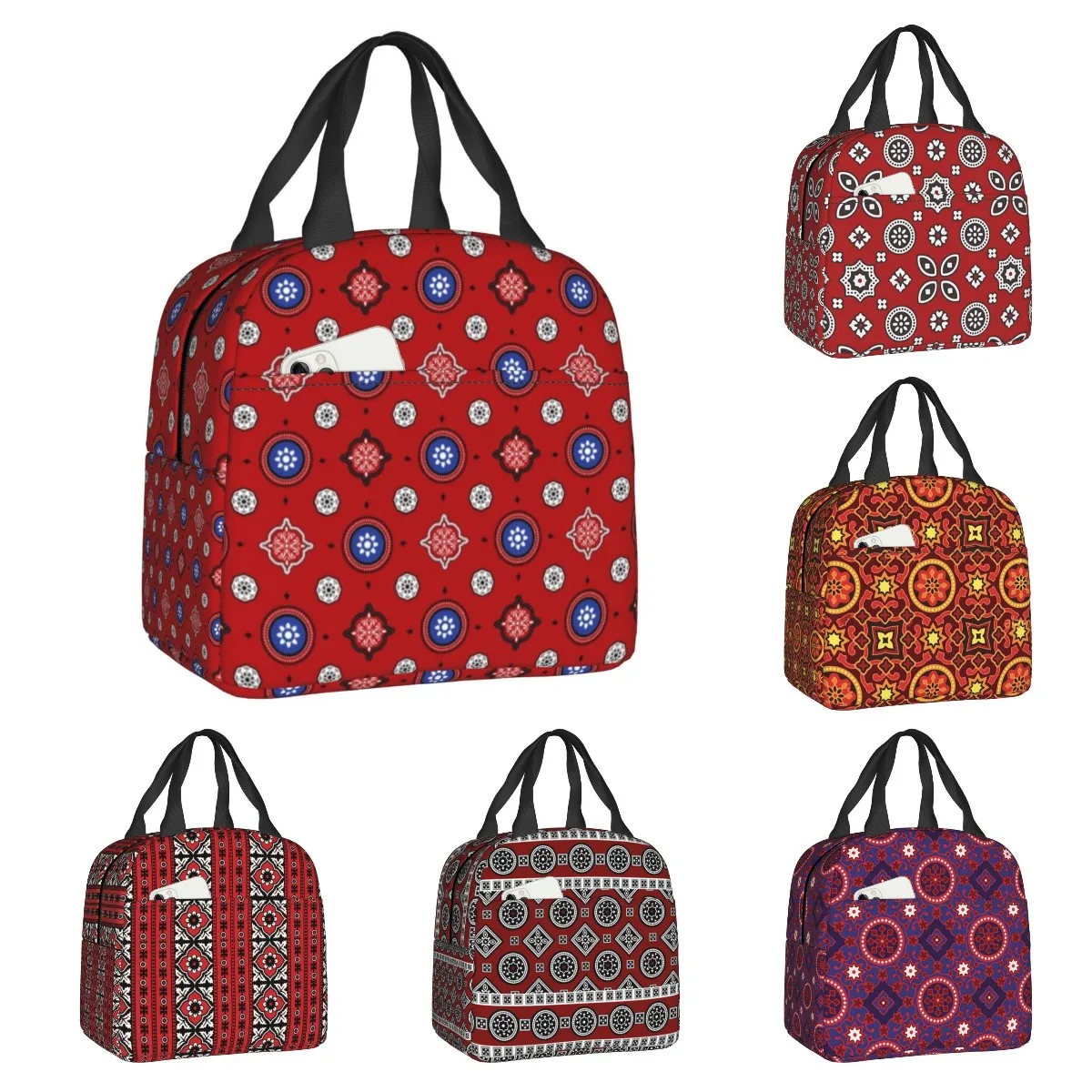 

Traditional Pakistani Floral Ajrak Insulated Lunch Bags for Work School Leakproof Thermal Cooler Bento Box Women Kids