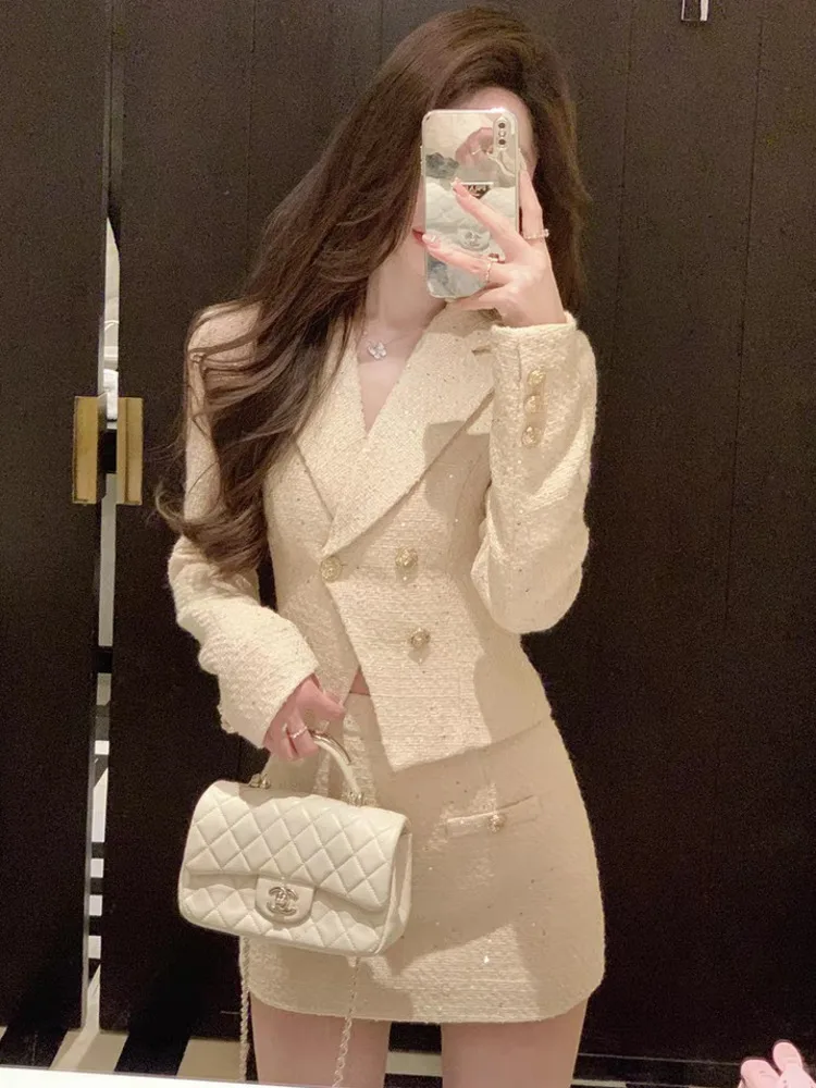 2026 Hot Women\'s Outfits Autumn Winter Slim Fit Top + Hip Wrap Skirt Two-piece Tweed Set Y2k Chic Autumn Outfits New Sequin Suit