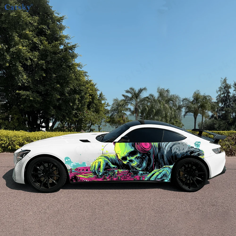 2pcs.Cool Retro Dreamy Hip-Hop DJ Neon Rainbow Skull Car Wrap Sticker.Automotive Sticker.car vinyl wraps