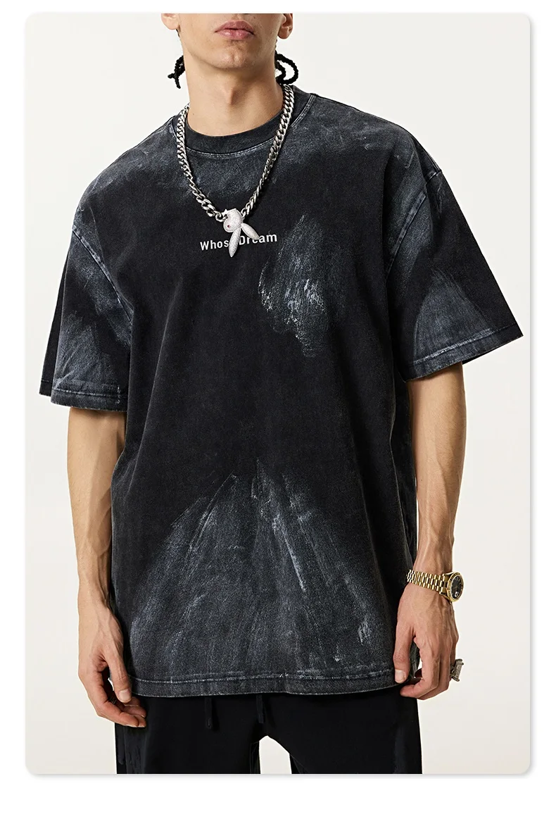 

2025 Mens Vintage Washed Oversized Streetwear T-Shirt Man Mud Splatter 3D Embroidery Letter 100% Cotton New Fashion Hip Hop Tops