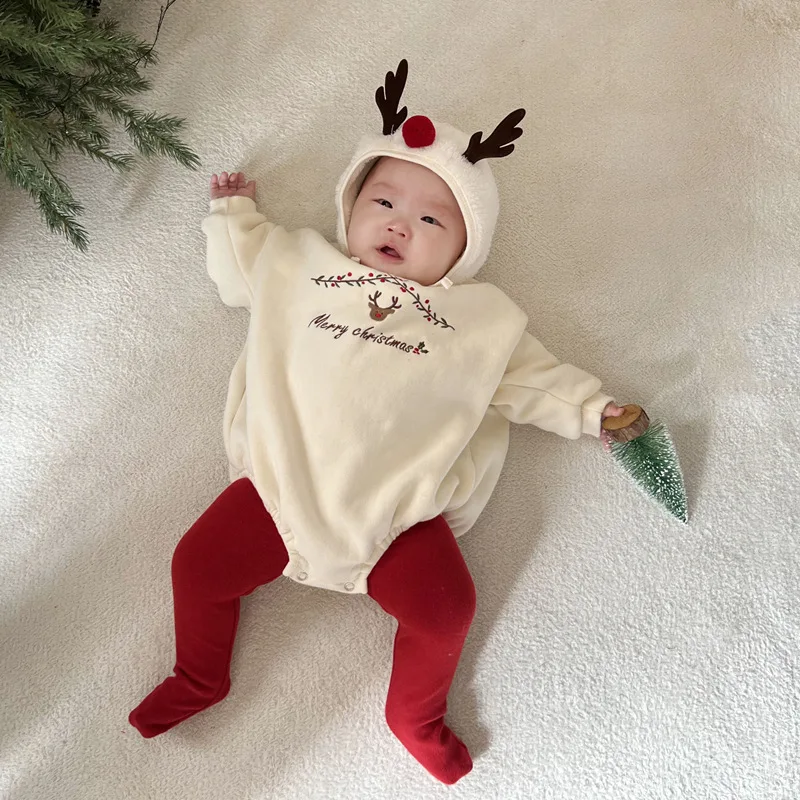 طفل الرنة رومبير عيد الميلاد بيجامة من الصوف شتاء دافئ أفخم بذلة للرضع بنين بنات لطيف الحيوان زي لعيد الميلاد