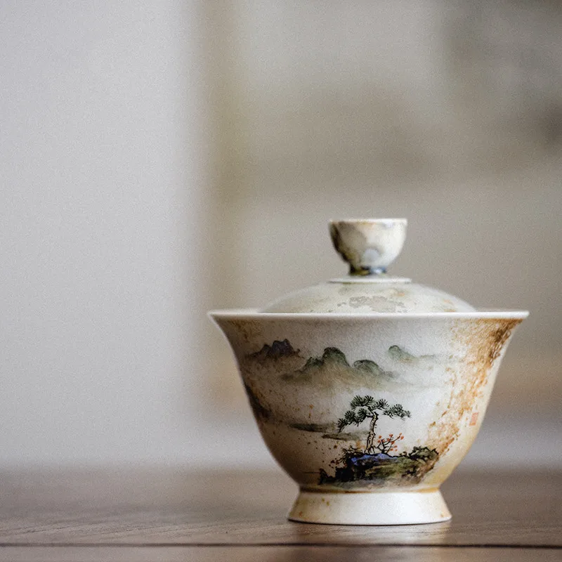 Danbotang Jingdezhen Firewood Landscape Hand Painted Gaiwan Hand-Drawn Blank Set Ceramic Bowl