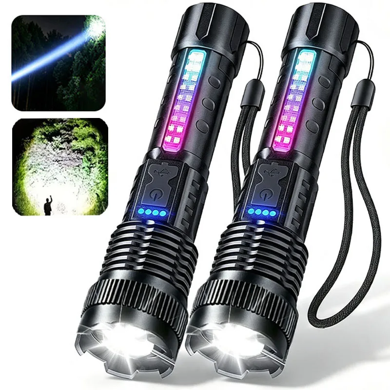 2pcs/set High Power LED Flashlight Strong Light Tactical Torch Rechargeable Portable Lamp Outdoor Emergency Camping Lantern